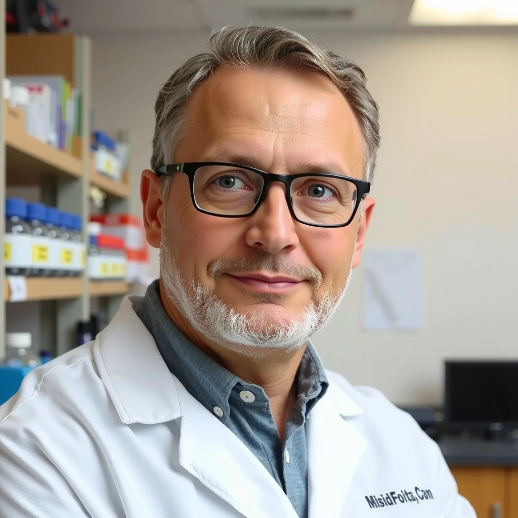 Portrait of a male chief formulator with a thoughtful expression, conveying scientific expertise, no text.