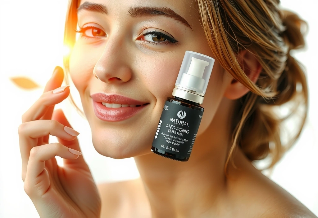 A woman with glowing, youthful skin applying a natural anti-aging serum amidst botanical elements.