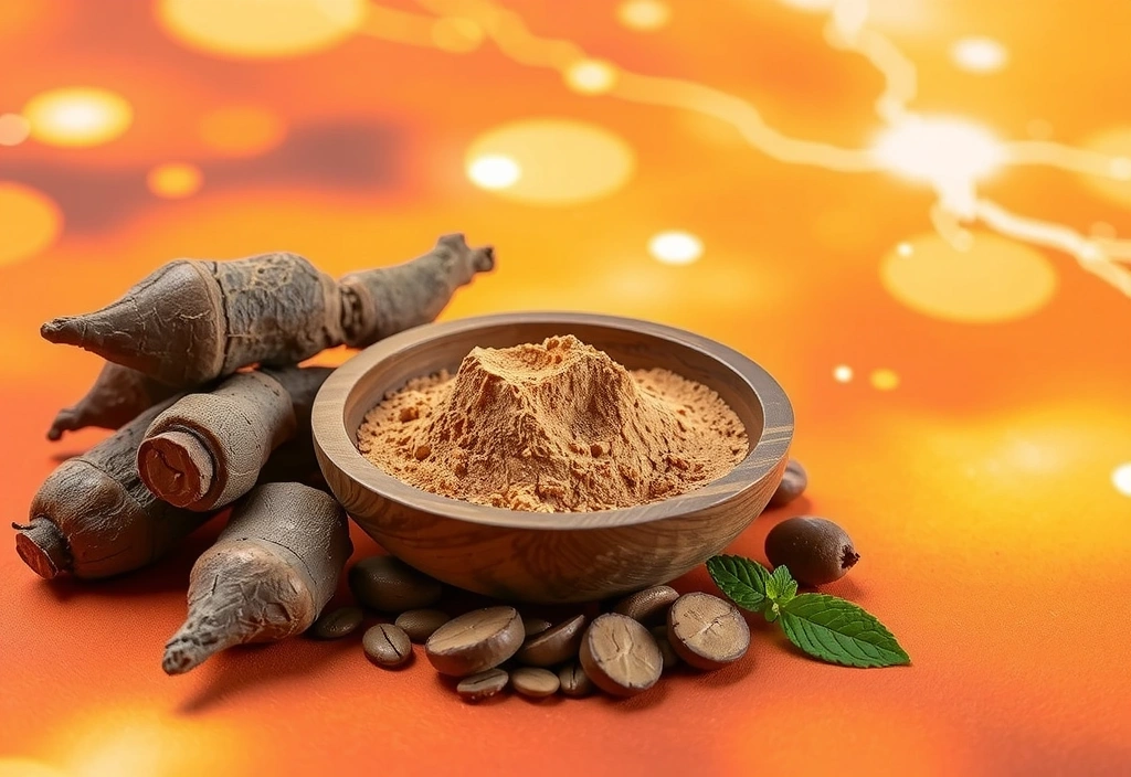 Maca root powder and fresh maca roots with a vibrant, energetic background, symbolizing natural energy.