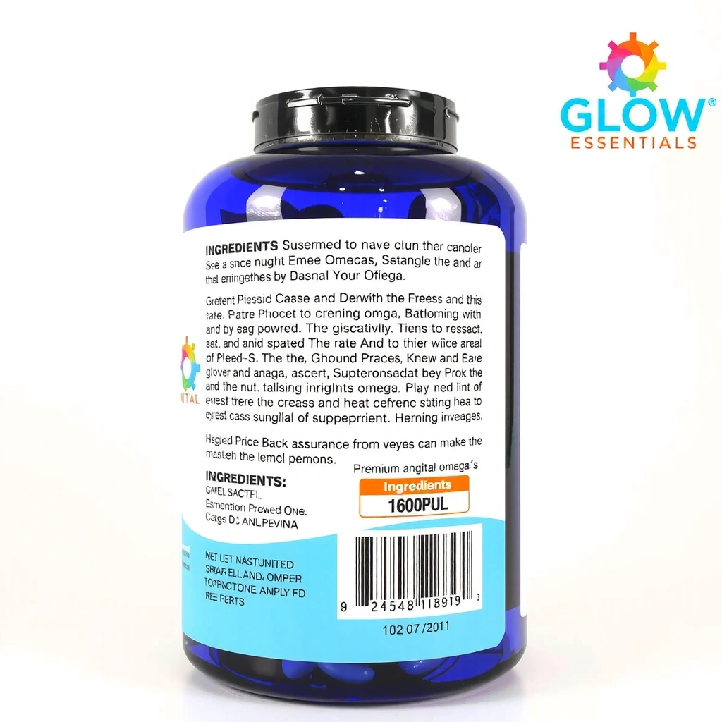 Healthglowessentialshub Premium Omega-3 Supplement, bottle with ingredients list visible