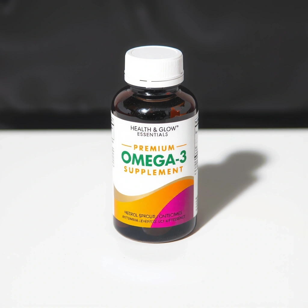 Healthglowessentialshub Premium Omega-3 Supplement bottle, front view, clear branding, vibrant colors