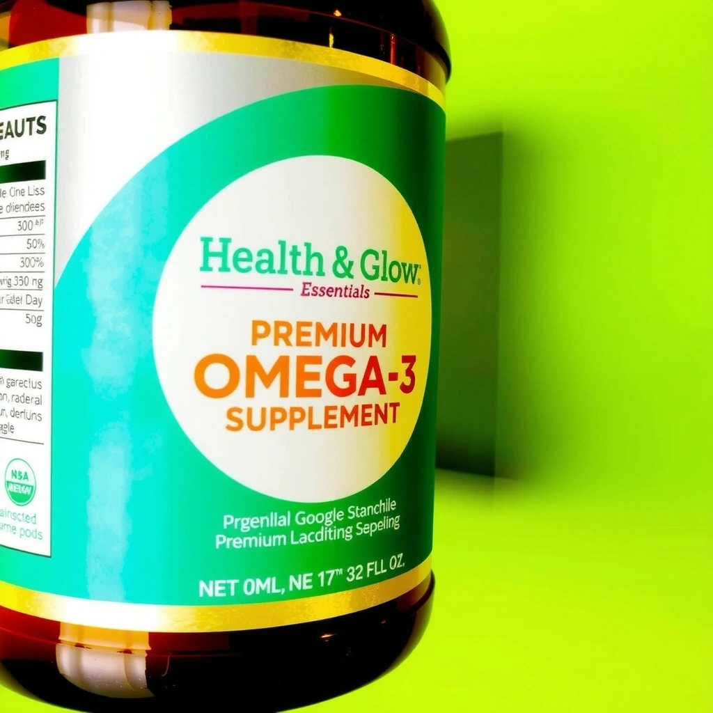 Healthglowessentialshub Premium Omega-3 Supplement, bottle from a slight angle, showing texture